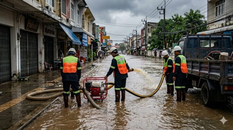 Наводнения на Пхукете: водяной насос откачивает ливневую воду с городской улицы острова в сезон дождей, июнь 2026