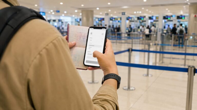 Турист в аэропорту Таиланда сканирует паспорт смартфоном, на экране приложение THIM для оформления карты прибытия