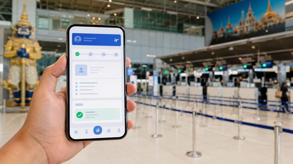 Иммиграционное приложение на смартфоне на фоне паспортного контроля в аэропорту Таиланда