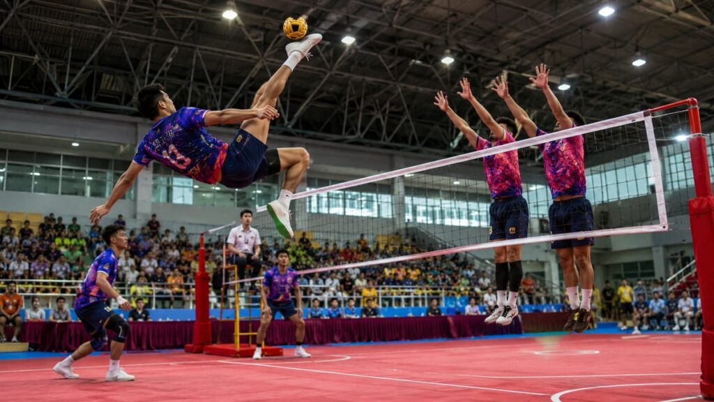Чемпионат Таиланда по сепак-такро в Island Hall (Бангкок): спортсмен в прыжке бьёт мяч через сетку