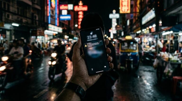 Рука со смартфоном, на котором видны мошеннические SMS под видом тайской госпрограммы выплат, тёмный фон