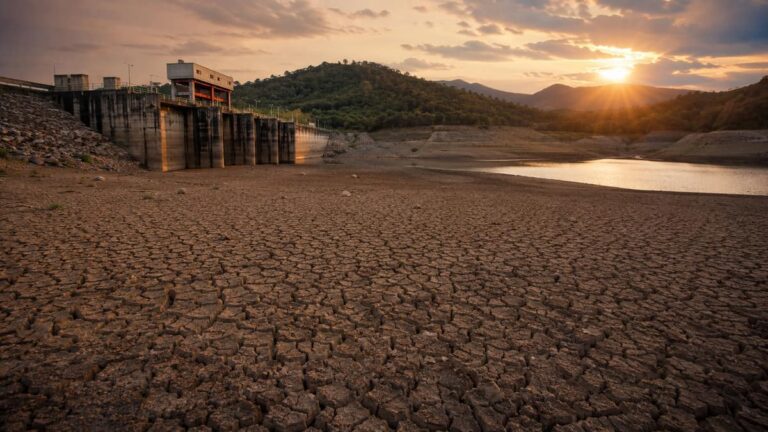 Угроза засухи в Таиланде: обмелевшее водохранилище с низким уровнем воды у плотины, обнажённое дно при тёплом свете