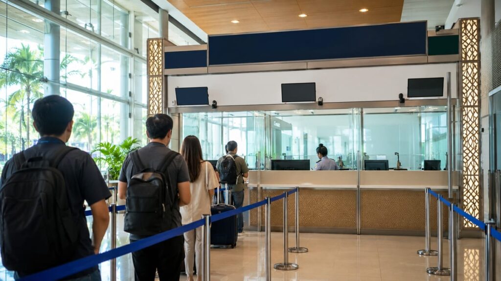 Виза по прилёту в Таиланд: стойка Visa on Arrival в аэропорту с указателями и окошком оформления у паспортного контроля