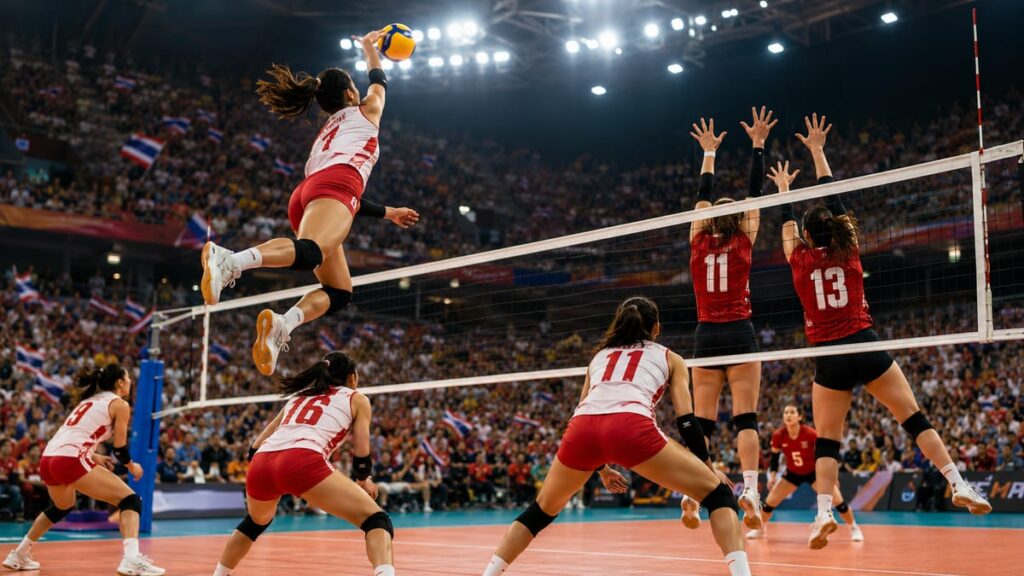 Волейбол Таиланд Канада: матч женской Лиги наций VNL 2026 на арене в Бангкоке, игрок сборной Таиланда в атаке
