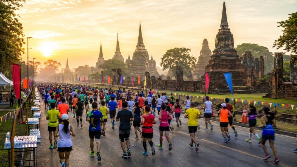 Полумарафон ALM RUN 2026 — бегуны на старте Heroes Route у руин древних храмов Аюттхаи на рассвете