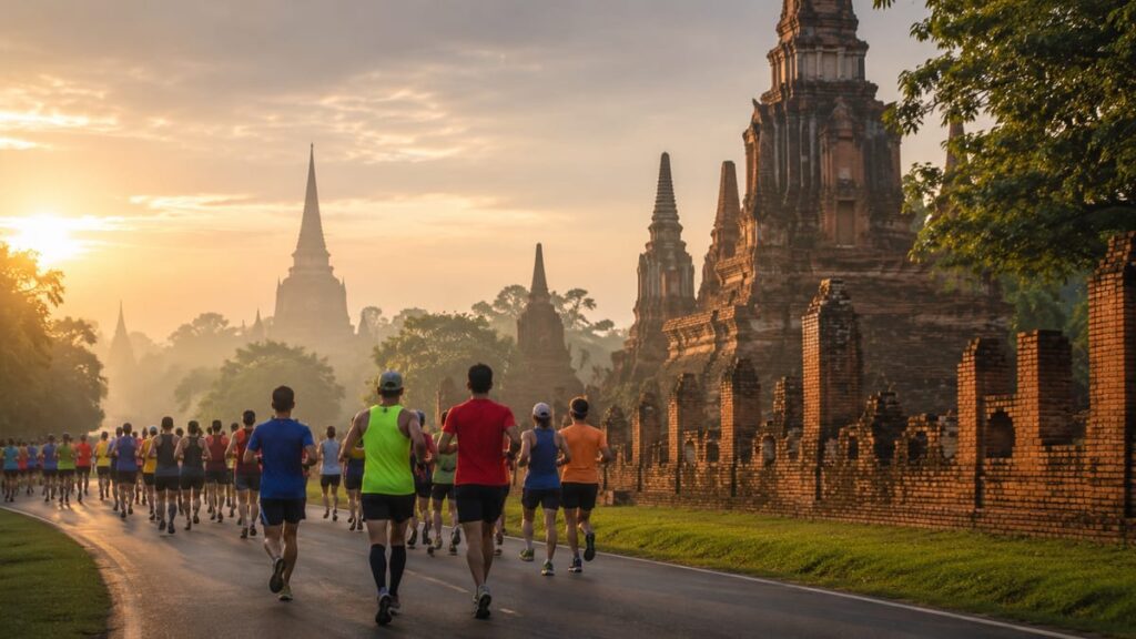Марафон Ayutthaya Marathon 2026 — бегуны на трассе среди древних храмов и руин Аюттхаи на рассвете