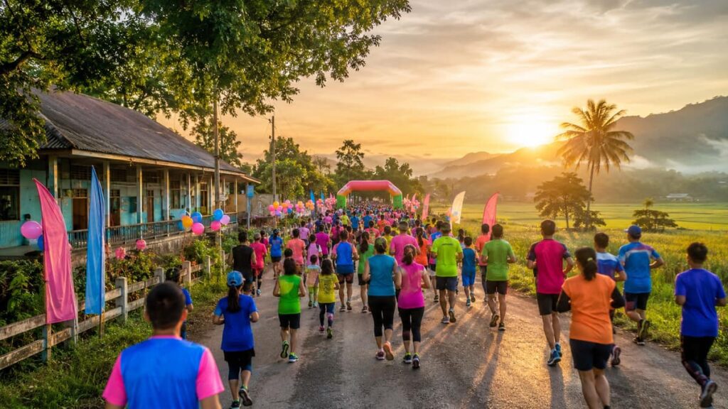 Забег BANGBAN RUN 2026 — бегуны на старте Run With Heart у школы Бангбан в провинции Аюттхая на рассвете