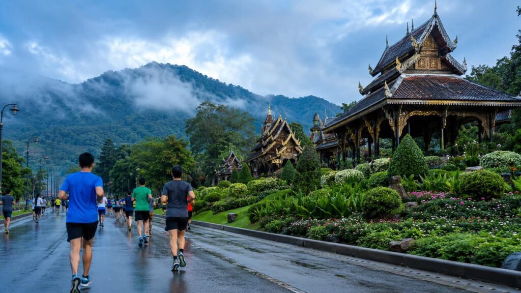полумарафон Bangkok Airways Chiang Mai Half Marathon — бегуны у павильонов парка Royal Park Rajapruek, Чиангмай