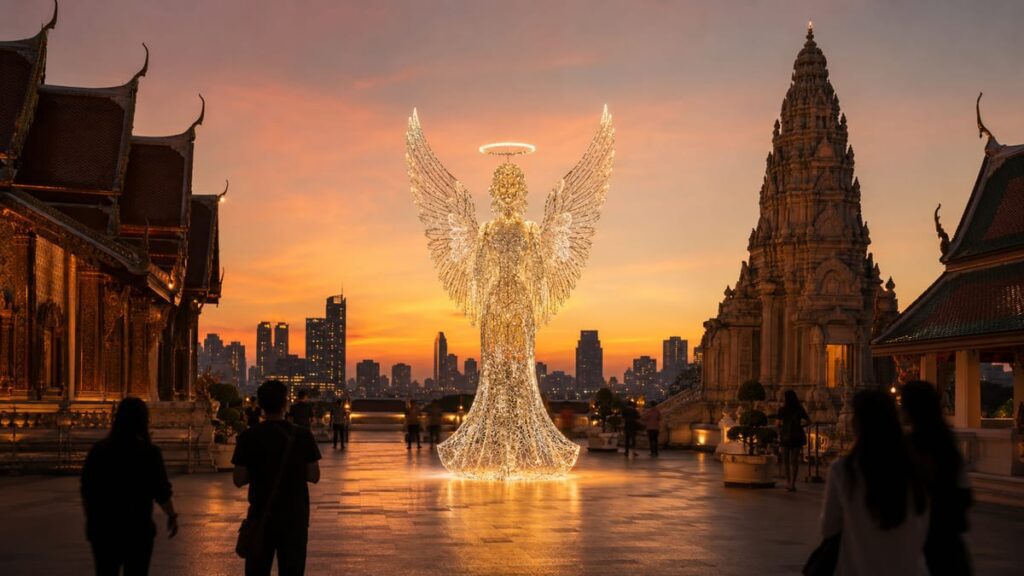 Bangkok Art Biennale 2026 в Бангкоке — современная инсталляция на фоне храма Ват Арун и вечернего города