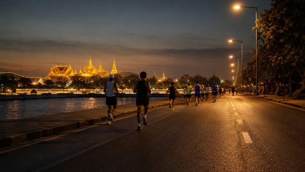 Бангкокский марафон 2027 8 Бангкокский марафон — ночной забег бегунов по Sanam Chai Road у Большого дворца в Бангкоке