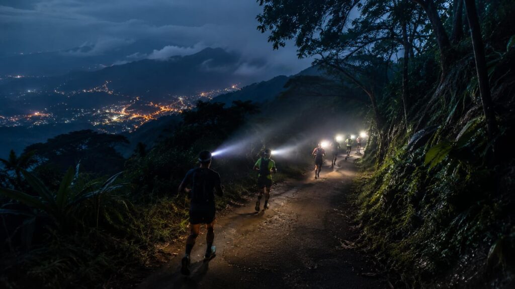ночной забег Chiang Mai 22K Night Run — бегуны с налобными фонарями на горной дороге Дой Сутхеп ночью, огни Чиангмая внизу