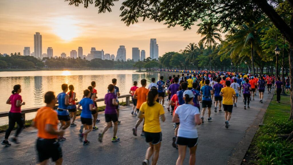 Counterpain FIT RUN 2026 Khon Kaen: бегуны на старте забега у водоёма Бынг Тхунг Санг, регион Исан