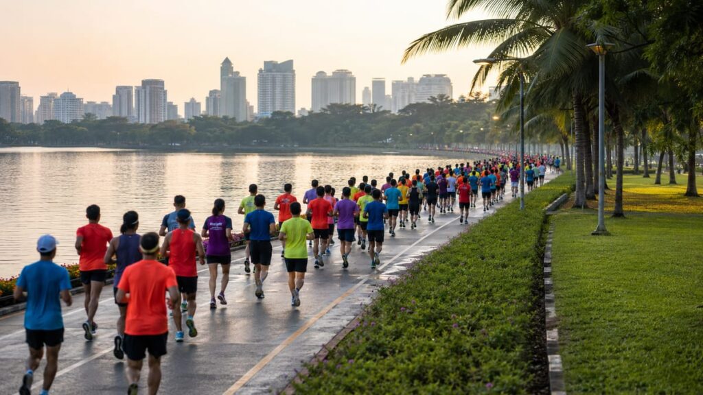 Counterpain FIT RUN 2026 Korat: бегуны на старте забега у озера Бунг Тха Лан, регион Исан