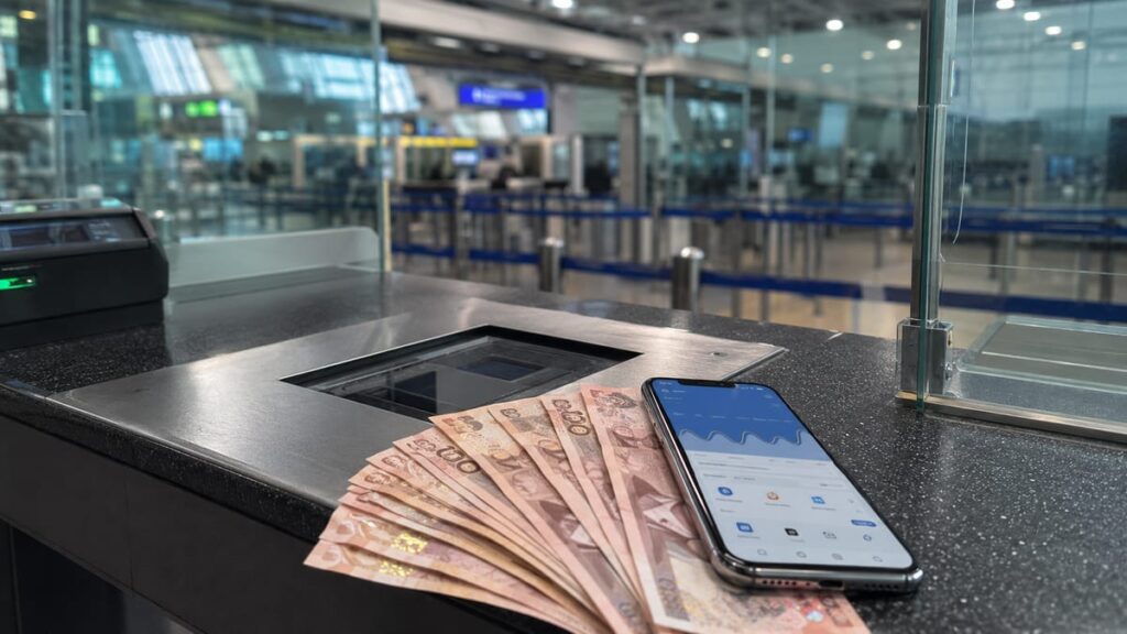 Правила въезда в Таиланд: сумма наличных на границе в 2026 году 5 Правила въезда в Таиланд: тайские баты и смартфон с банковским приложением на фоне паспортного контроля в аэропорту