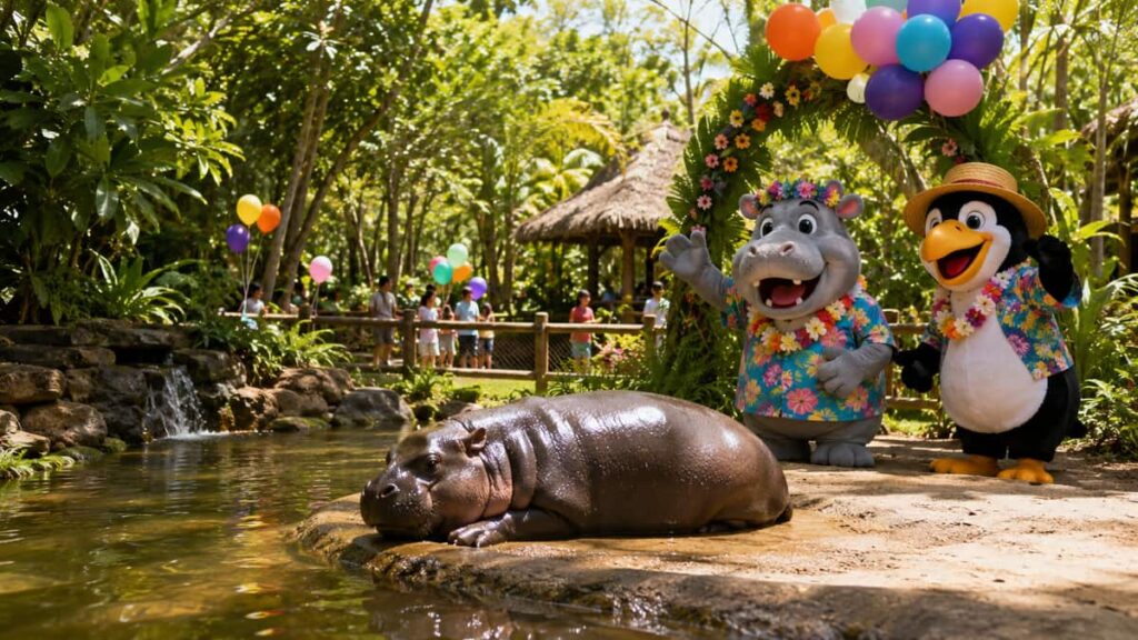 День рождения Му Дэн в зоопарке Као Кео: праздник и открытие вольера Hippo Village в Паттайе