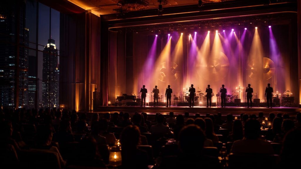Концерт RE-MASTER CONCERT в Бангкоке: артисты на сцене PARAGON HALL в тёплом фиолетовом свете