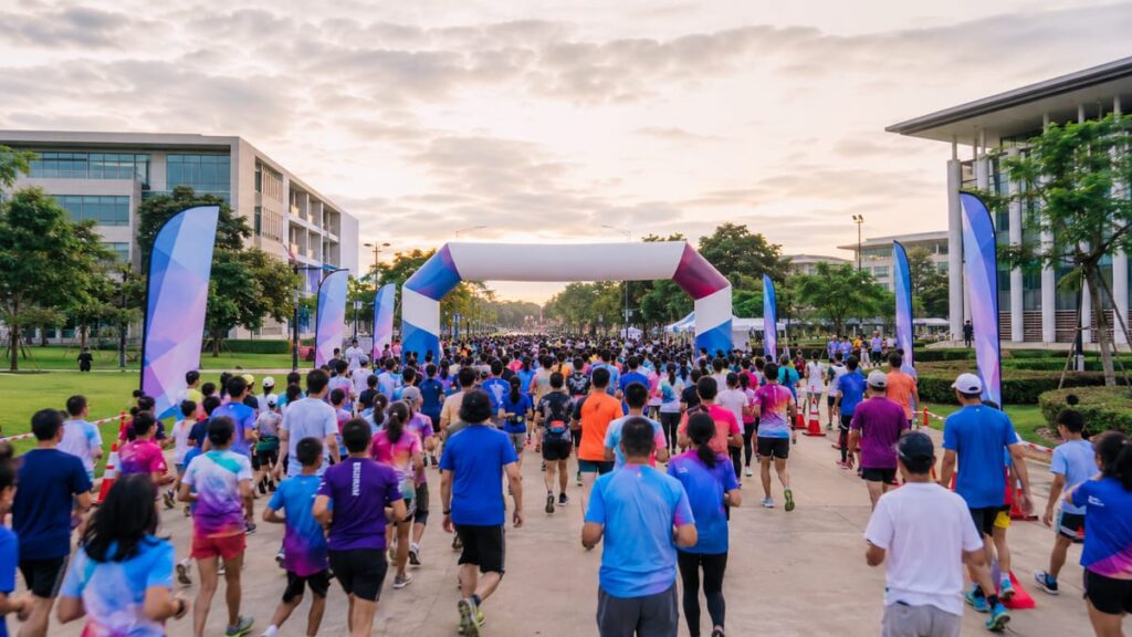 Забег в Университете Убона — благотворительный старт Run for Ubon в кампусе вуза Убонратчатхани, бегуны на утреннем старте