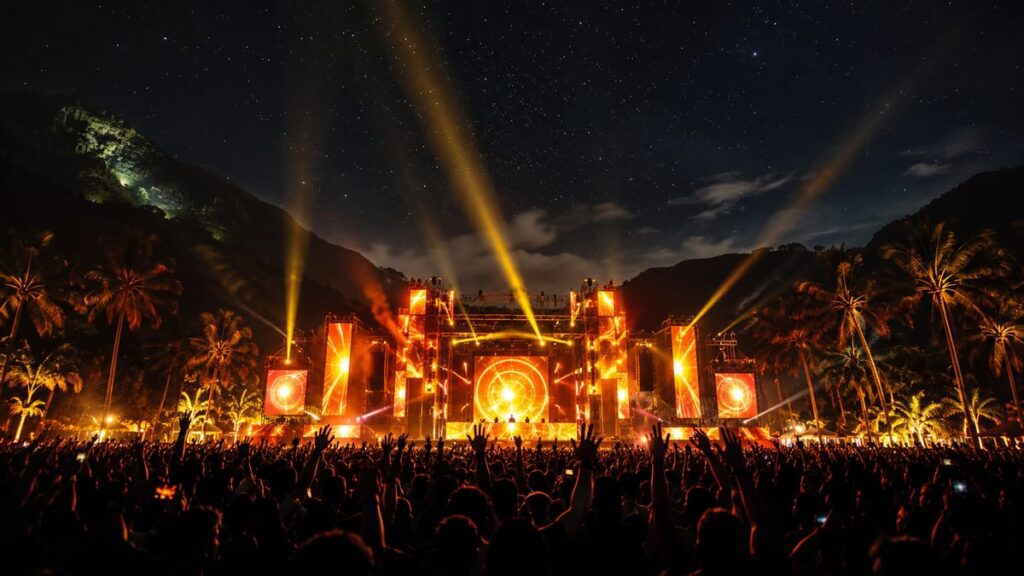 Tomorrowland Thailand 2026 5 Ночная сцена фестиваля Tomorrowland Thailand 2026 с яркими огнями и толпой на фоне тропического неба