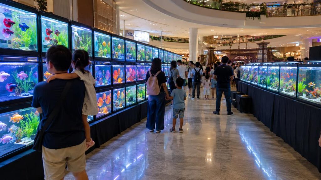 Национальная рыболовная выставка Amazing Aquatic Thailand 3 Выставка рыб в Бангкоке: витрины с декоративными рыбами и посетители в Future Park Rangsit