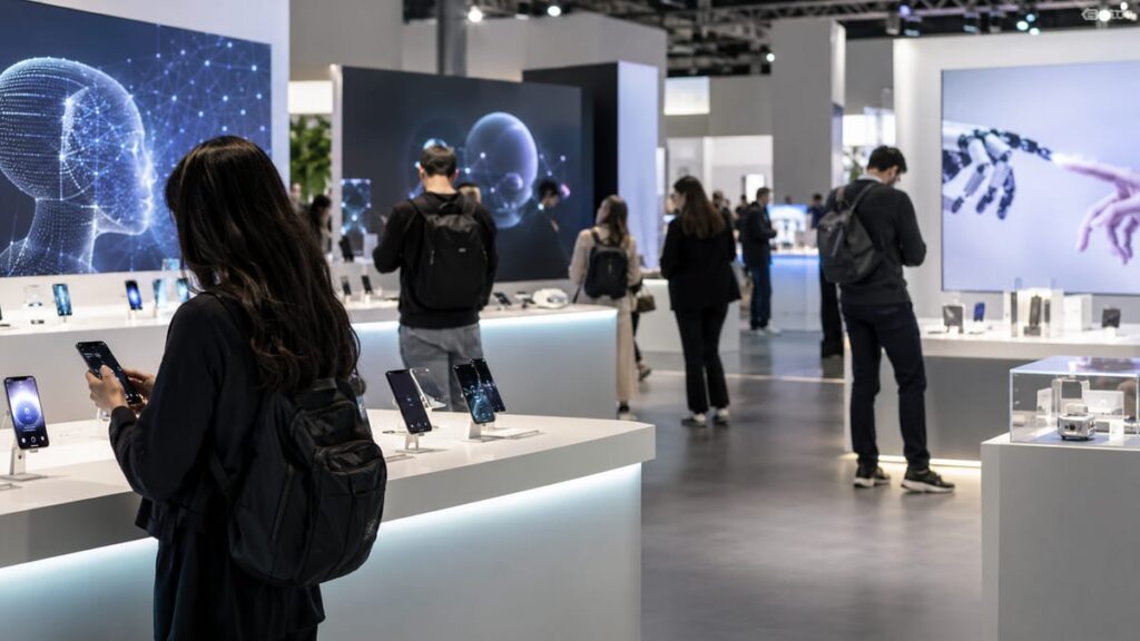 Посетители у стендов искусственного интеллекта и смартфонов на выставке (AI Expo Thailand 2026) в Нонтхабури.