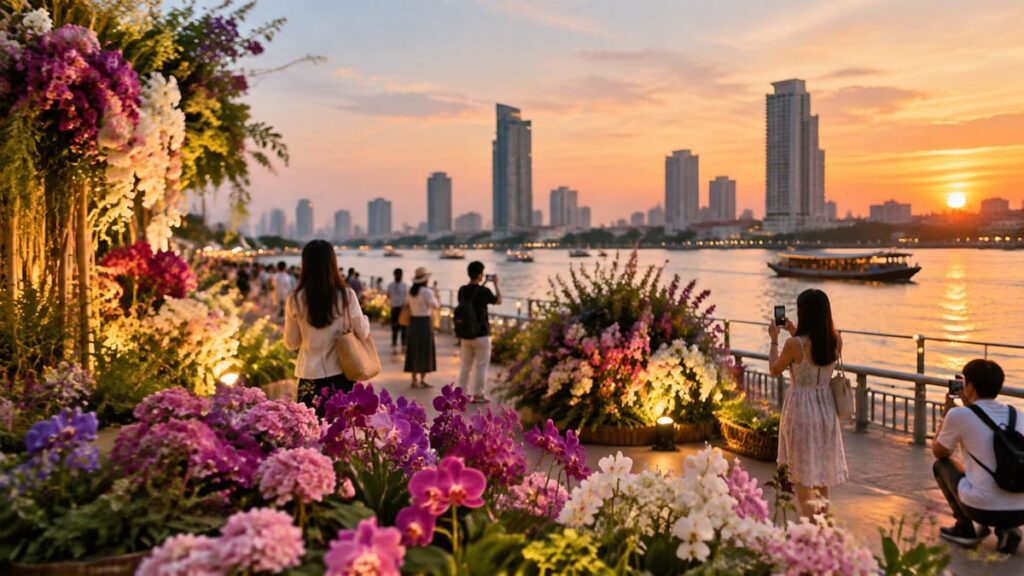 Цветочные композиции и посетители у реки в Бангкоке (Фестиваль цветов Bangkok Flower Festival 2026)