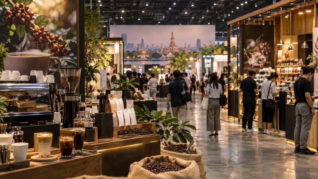 Кофейная выставка в Айконсиаме: посетители у стендов с кофейными напитками и зерном