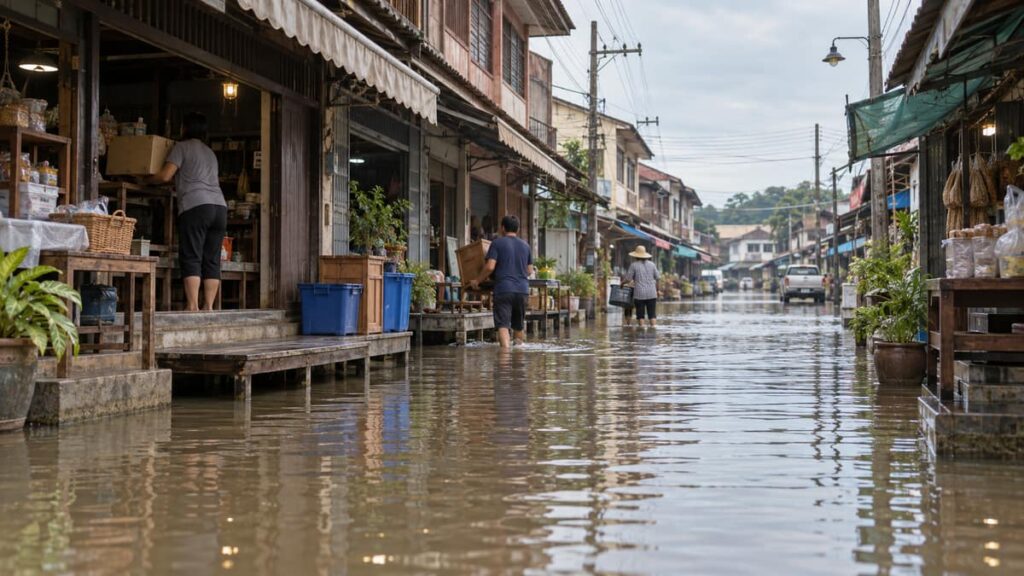 Фото: наводнения в Таиланде — вода на улице старого рынка Кабинбури, жители поднимают вещи на возвышенное место