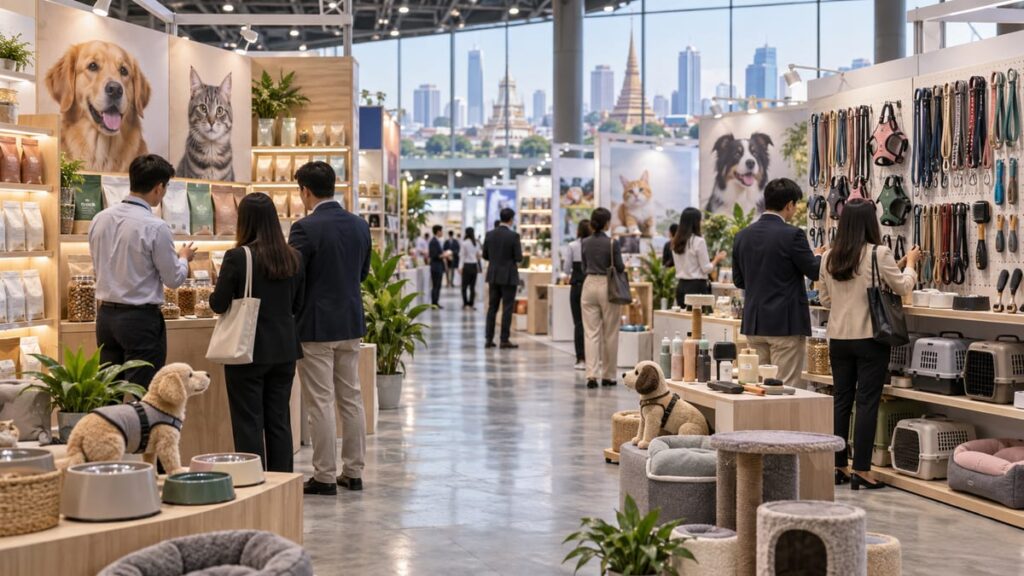Деловые посетители у стендов зоотоваров на выставке (Pet Fair South East Asia 2026) в Бангкоке