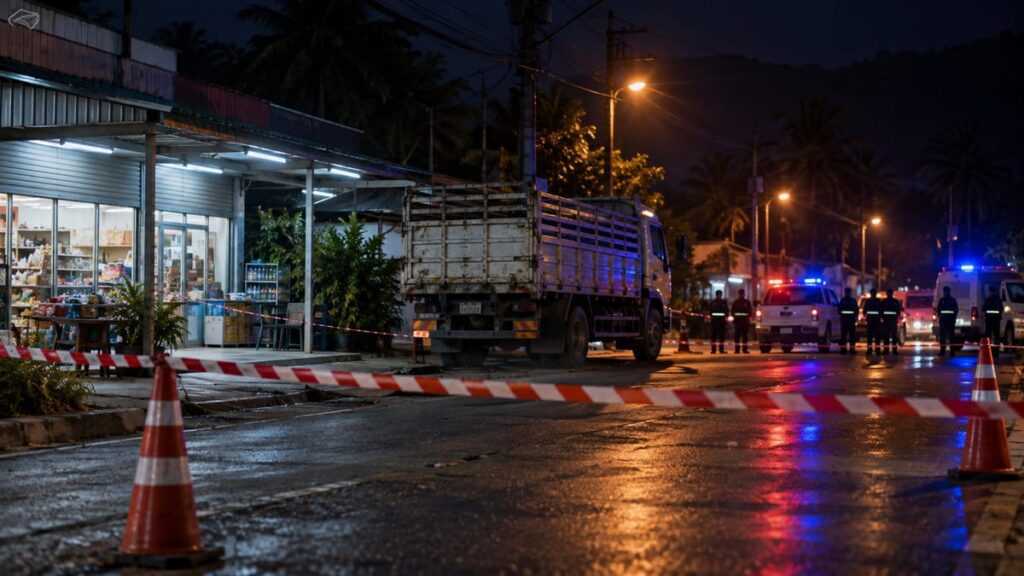 Взрыв в Паттани: магазин «Срисамай» (Srisamai Superstore) 4 Взрыв в Паттани: условная иллюстрация оцепления у магазина на трассе 43 в районе Нонг-Чик