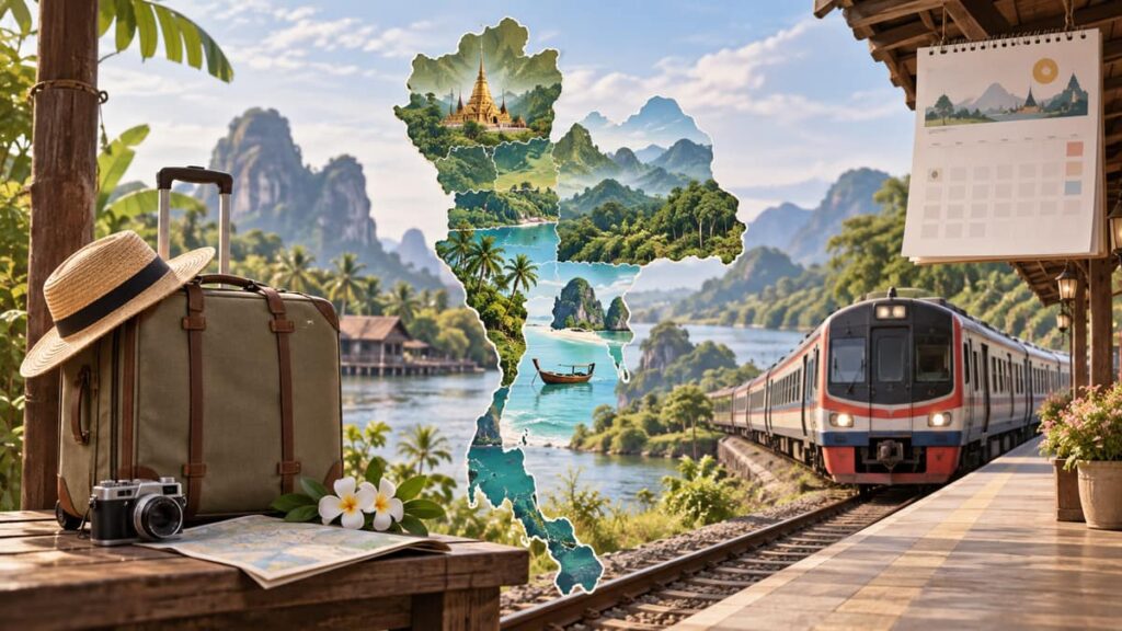 Программа Тай Плюс (Thai Tiew Thai Plus): апрель 2027 под вопросом 4 Программа Тай Плюс обсуждается на фоне сезонных поездок: туристический поезд и календарь Таиланда, без логотипов и цифр.