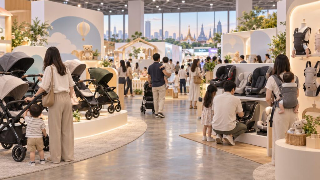 Семьи у стендов с колясками и автокреслами на ярмарке (Amarin Baby & Kids Fair Carnival) в Бангкоке