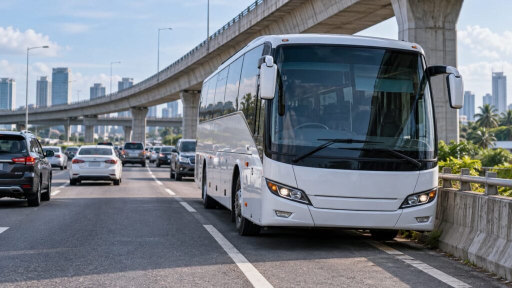 Авария автобуса у Нгам Вонг Ван: иллюстрация рейсового автобуса на скоростной дороге рядом с краем проезжей части