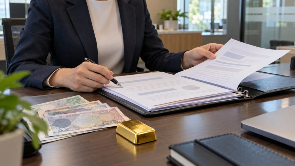 Валютный контроль: Банк Таиланда (Bank of Thailand), правила 2026 2 Валютный контроль: документы на столе сотрудника банка рядом с иностранными банкнотами и золотым слитком