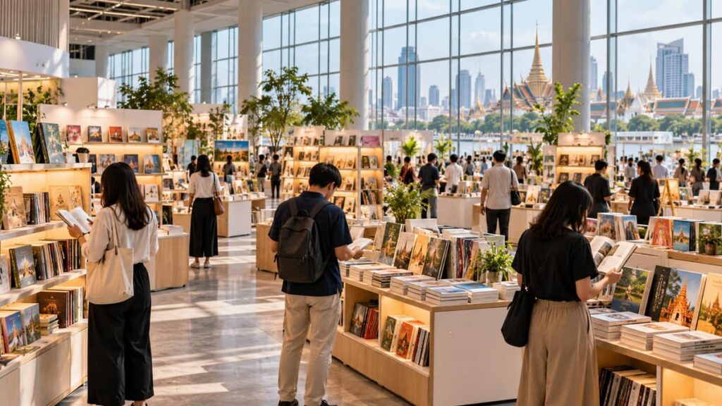 Посетители рассматривают книги на книжной выставке в Бангкоке в залах конференц-центра королевы Сирикит.