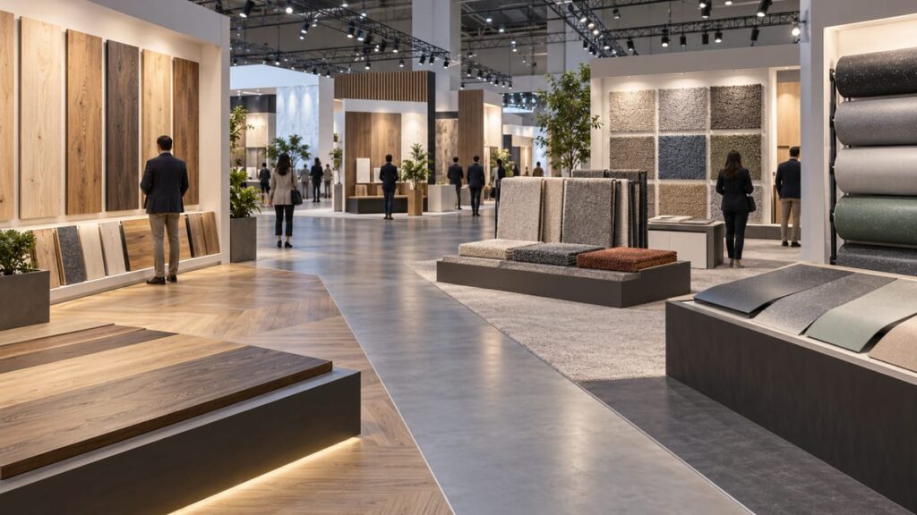 Выставка напольных покрытий (DOMOTEX Southeast Asia 2026): стенды с деревом и коврами в выставочном зале
