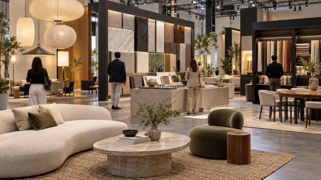 Дизайн-выставка FIND в Бангкоке: мебель, светильники и образцы отделочных материалов в выставочном зале
