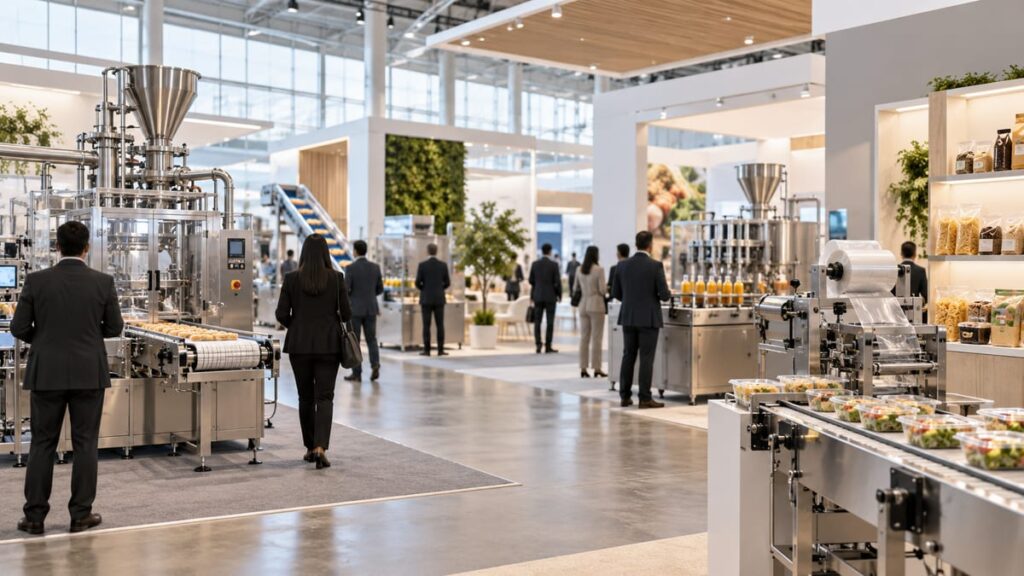 Форум пищевых технологий (FoodX 2026): посетители у стендов с оборудованием для переработки и упаковки.