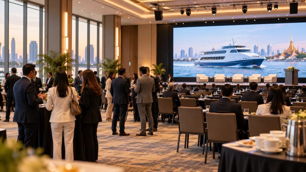 Конференция «Интерферри» (Interferry 2026 в Бангкоке): иллюстрация зала с креслами и сценой для выступлений.