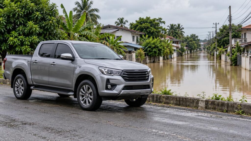 Отсрочка платежей для клиентов Исузу Лизинг (Isuzu Leasing): пикап на фоне подтопленной улицы в Таиланде