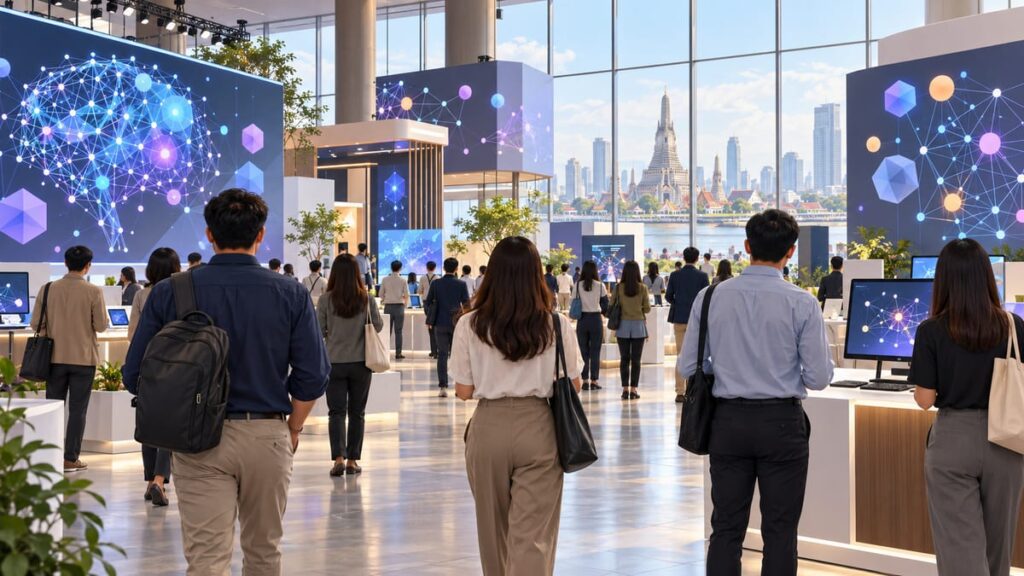 Фестиваль (MEGA AI Skills Fest): посетители у выставочных стендов и экранов в конференционном зале Бангкока.