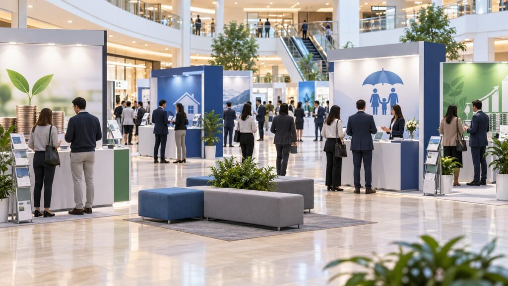 Финансовая выставка (Money Expo в Удонтхани): посетители у банковских стендов в торговом центре