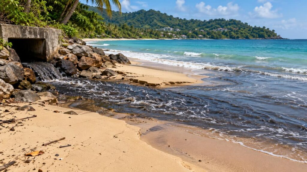 Стоки на пляже Камала: канал Пак Банг (Pak Bang) и сбой очистки 3 Стоки на пляже Камала выходят через канал Пак Банг к морю на Пхукете — иллюстрация к новости о загрязнении