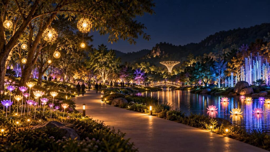 Световые инсталляции в парке Насатта в Ратчабури на фестивале света (Nasatta Light Festival)