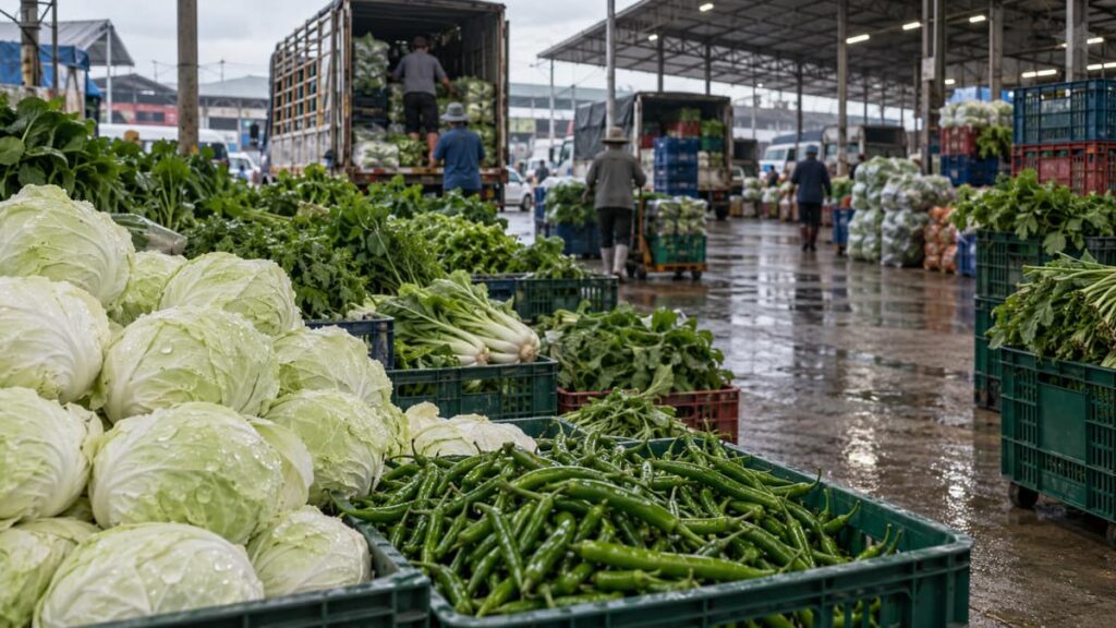 Цены на овощи: капуста и зелёный чили на прилавке тайского оптового рынка после перебоев поставок