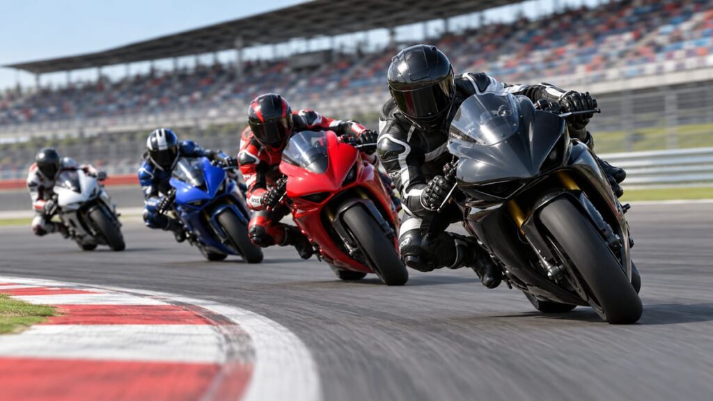 Мотоциклы в повороте перед трибунами: этап чемпионата по супербайку (BRIC Superbike в Бурираме).