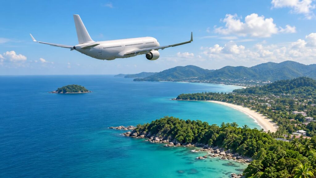 Рейсы на Пхукет: Пхукет (Phuket) ждёт октябрьские маршруты 7 Рейсы на Пхукет: пассажирский самолёт на фоне тропического побережья, иллюстрация октябрьских полётных программ