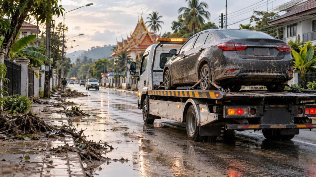 Вывоз затопленных автомобилей: эвакуатор дорожной полиции рядом с машиной после наводнения в Таиланде