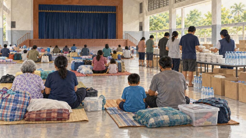 Помощь после паводка: Лат-Крабанг (Lat Krabang) и размещение 7 Помощь после паводка в Лат-Крабанге: иллюстрация временного размещения жителей и доставки еды и воды