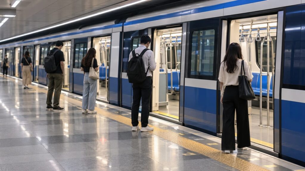Сбой синей линии: иллюстрация поезда метро Бангкока (MRT) у платформы с ожидающими пассажирами