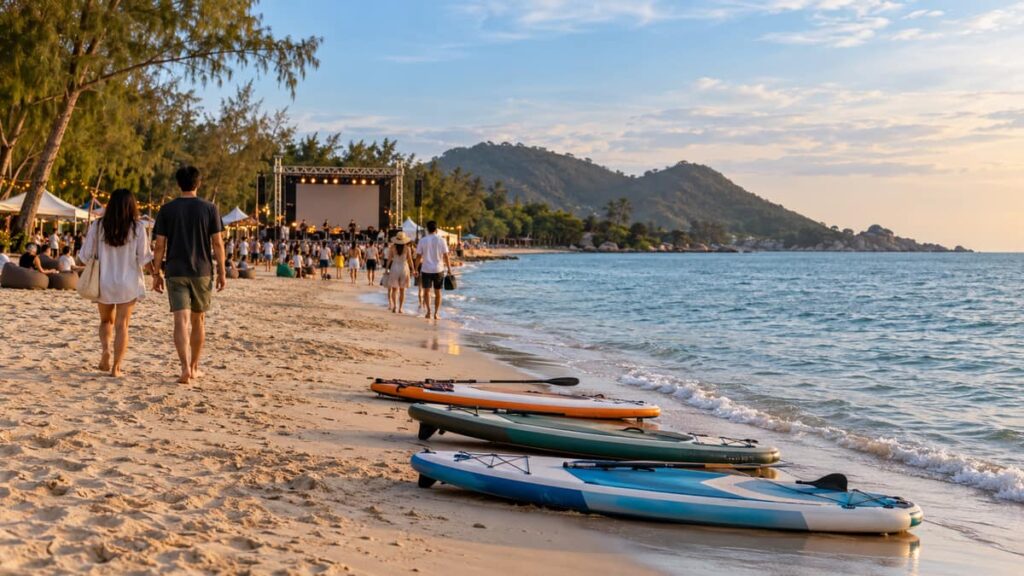 Пляжный фестиваль (Songkhla Beach Life): берег Чалатхат, SUP-доски у воды и сцена на пляже в Сонгкхле